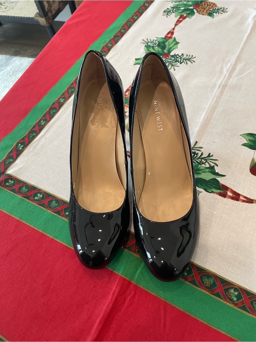 Nine West Black Patent Round-Toe Heels. Has some peeling inside, outside good.